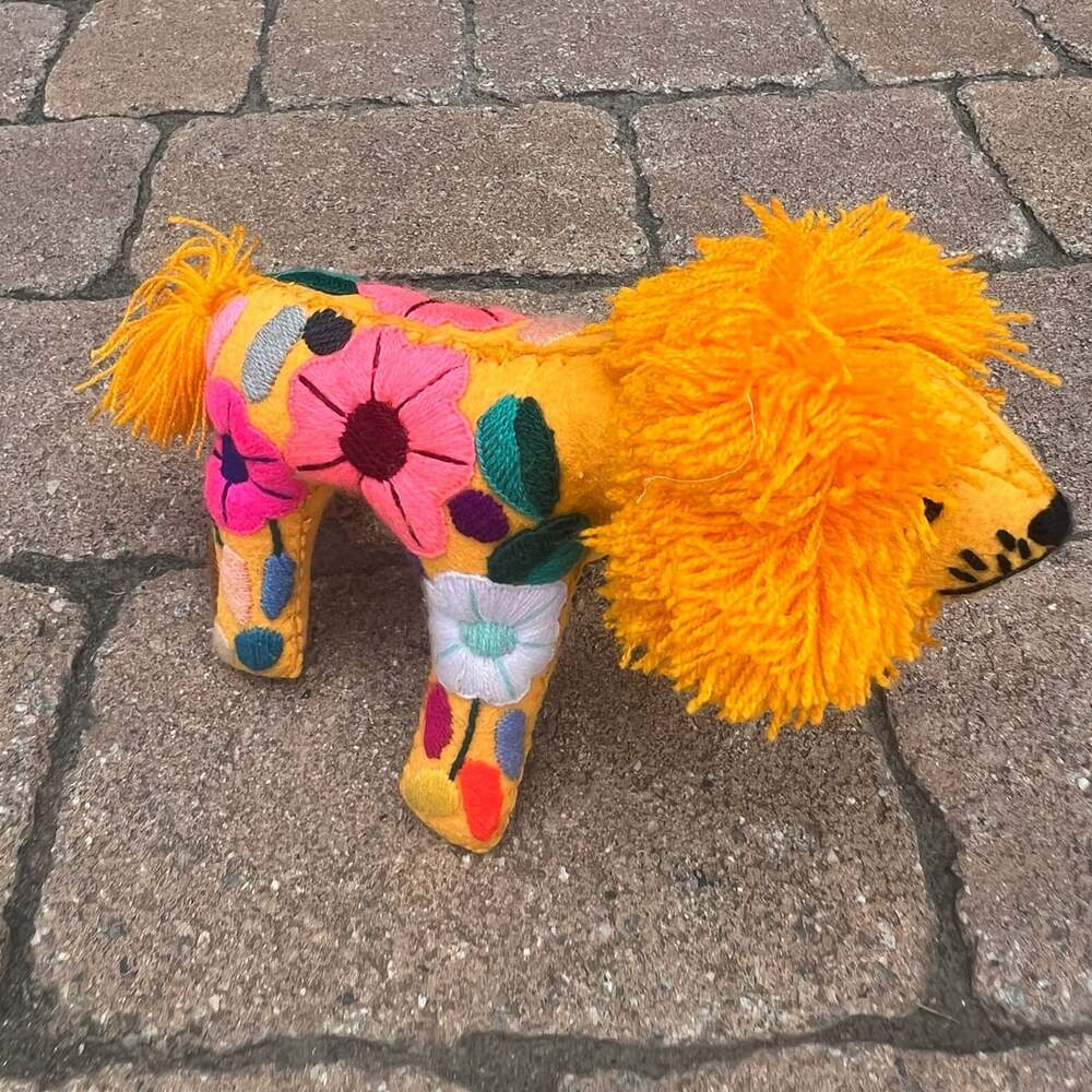 Mexican Folk Art Handmade Embroidered Wool Felt Lion Plush Toy 10”
